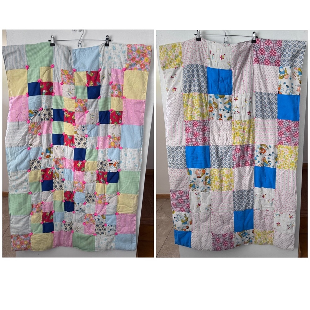Vintage Reversible handmade quilted crib childs toddler blanket